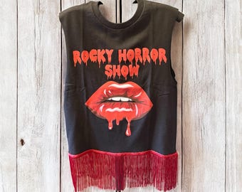 Rocky Horror Upcycled Red Fringe Sleeveless Tee One Size Fits an XS to Medium OVERSIZED