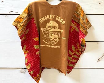 Smokey the Bear Upcycled Vintage Kantha Upcycled Tee Fits Small to XL Short Length