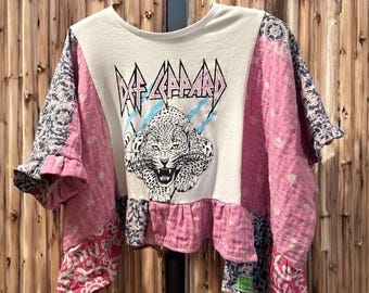 Def Leppard Upcycled Vintage Kantha Ruffle Sleeve Doll Baby Fits Small to XL Cropped Length