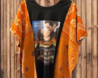 Gone With The Wind Upcycled Vintage Kantha Short Sleeve Poncho One Size Fits Small to XXL
