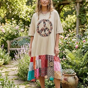 Floral Peace Upcycled Vintage Patchwork Tee Dress Fits a Small to 3X