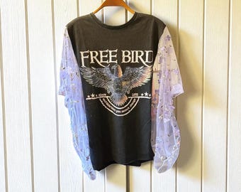 Free Bird Upcycled Embroidered Sleeve Top One Size Fits a Large to XXXL OVERSIZED