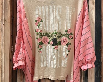 Guns and Roses Upcycled Drop Shoulder Puff Sleeve Shirt Super Oversized!! Fits XL to 4X