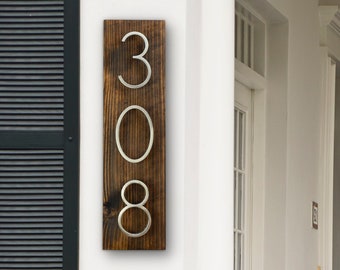 Brown Address Number Sign, Solid Wood Plaque, Metal Numbers, Stain Variations Available