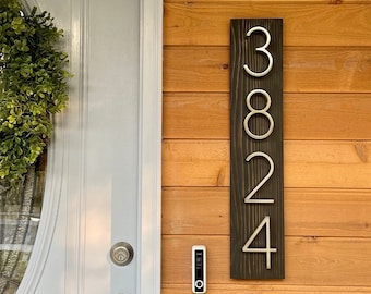Vertical Wood Address Plaque, Rustic, Modern, Contemporary House Number Sign, Metal Numbers