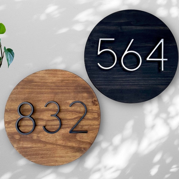 Kreisförmiges Hausnummernschild, runde Adresstafel, Holzschild, Hausnummer, moderne Zahlen, Kreis-Veranda-Schild