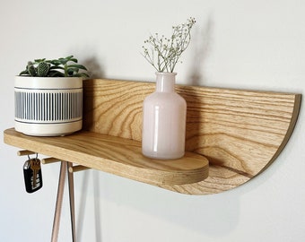 Modern Wall Shelf with Hooks, Entryway Organizer with Wooden Pegs, Solid Hardwood Decor, Tiny Home Apartment Shelf, Continuous Flowing Shelf