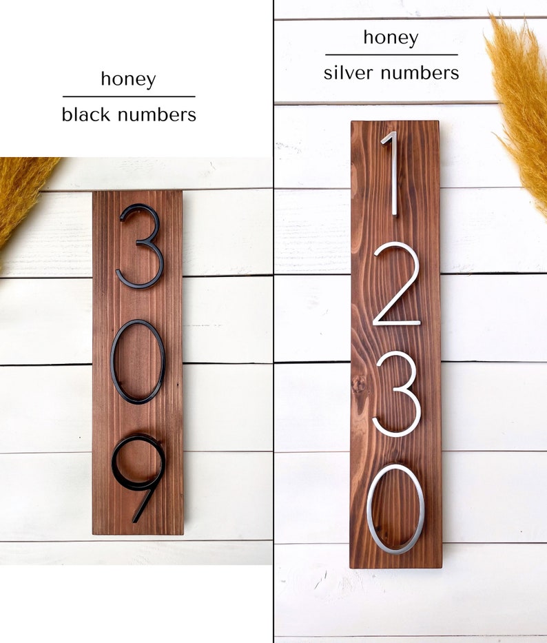 Black House Numbers on Wood, Modern House Number Sign, Metal House Numbers, Modern Address Sign, Wood Address Plaque, In Laws Gift Honey