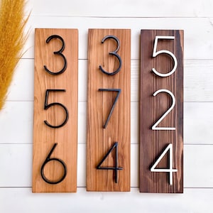 Black House Numbers on Wood, Modern House Number Sign, Metal House Numbers, Modern Address Sign, Wood Address Plaque, In Laws Gift image 2