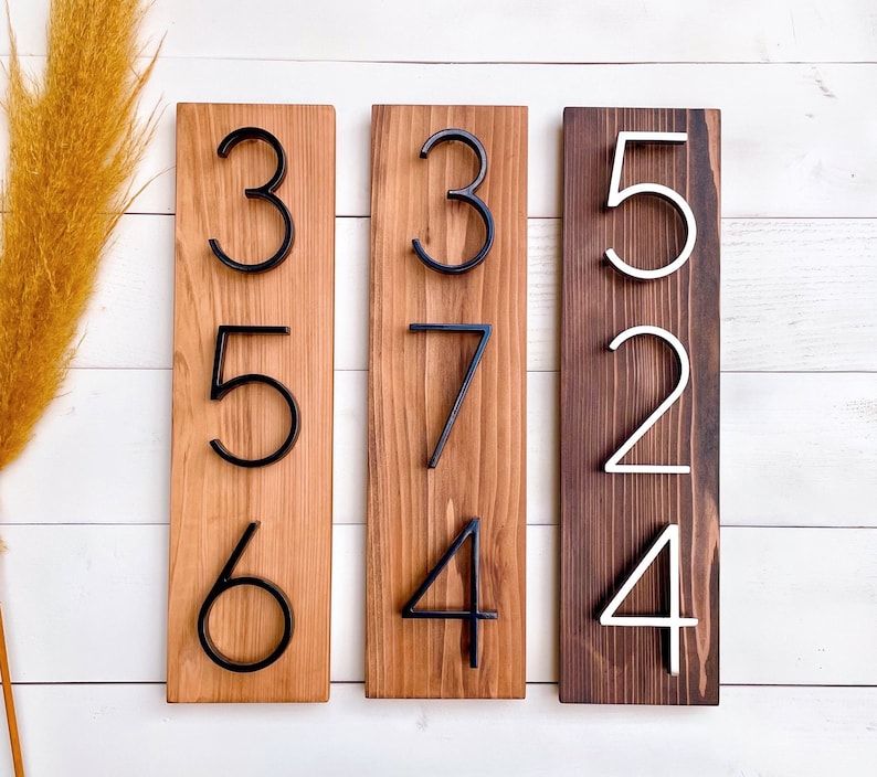 Black House Numbers on Wood, Modern House Number Sign, Metal House Numbers, Modern Address Sign, Wood Address Plaque, In Laws Gift image 2