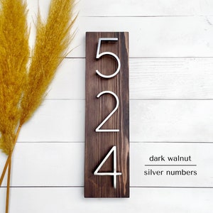 Black House Numbers on Wood, Modern House Number Sign, Metal House Numbers, Modern Address Sign, Wood Address Plaque, In Laws Gift Dark Walnut