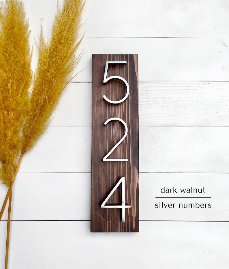 Black House Numbers on Wood, Modern House Number Sign, Metal House Numbers, Modern Address Sign, Wood Address Plaque, In Laws Gift Dark Walnut