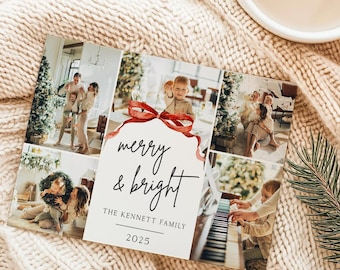 Modern Christmas Card Template Canva | Horizontal Holiday Card | Minimal Red Bow Xmas Card | Family Photo Card | Printable Holiday Template