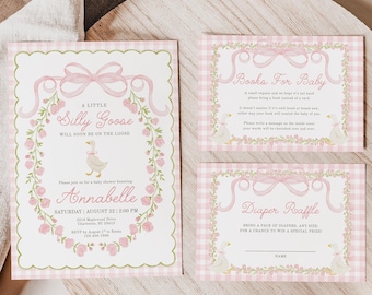Goose and Gingham Baby Shower | Grandmillennial Theme | Editable Canva Template | 5x7 Invitation | Diaper Raffle Card | Books for Baby Card