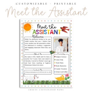 Peut inclure: Une affiche imprimable et personnalisable "Meet the Assistant". Le design coloré comprend le texte "Meet the Assistant" dans une police arc-en-ciel, une photo et une liste de favoris. L'affiche est décorée d'un soleil, d'un oiseau et d'autres illustrations.
