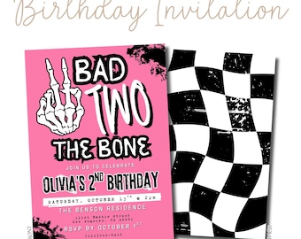 Bad Two the Bone Birthday Invitation | Editable 5x7 Canva Template | Skeleton Rocker 2nd Birthday Party Invite | Printable Digital Download