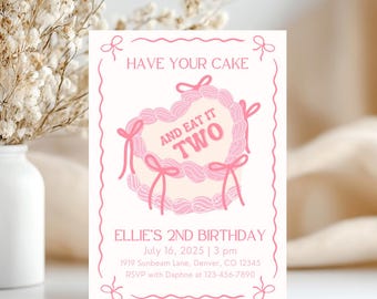 Könnte beinhalten: Rosa-weiße Geburtstagseinladung mit einem Comic-Herzkuchen mit dem Text "Have Your Cake and Eat It Two" und den Details "Ellie's 2nd Birthday, July 16, 2025 | 3 pm, 1919 Sunbeam Lane, Denver, CO 12345, RSVP with Daphne at 123-456-7890".