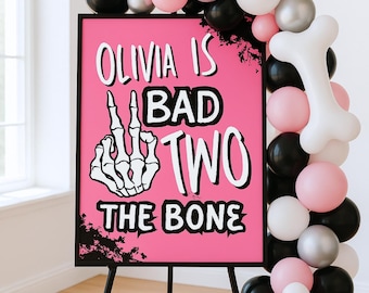 Bad Two The Bone Birthday Welcome Sign | Editable Canva Template | Pink Black Skeleton Party Decoration