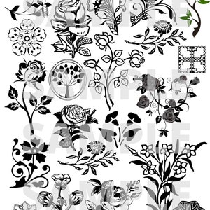 Floral Design B & W Digital Scrapbook Paper - Collage Sheet - Instant Download