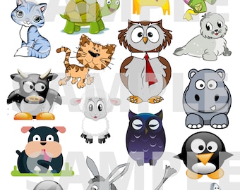 May include: A collection of cartoon animal illustrations featuring a variety of animals, including a cat, owl, penguin, turtle, elephant, giraffe, duck, seal, hippopotamus, sheep, donkey, shark, and a dog. The animals are all drawn in a colorful cartoon style and are set against a white background.