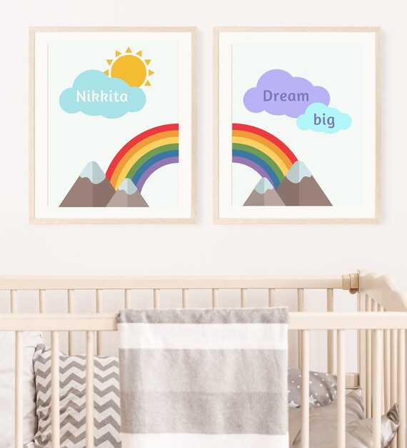 Rainbow Personalised Name Nursery Prints Wall Art Set of 3, Scandi Rainbow  Prints Rainbow Nursery Decor Pictures Print Baby Girl Shower Gift 