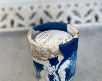 Blue, Gold & White Swirl Concrete Candle | Cement | Housewarming Gift | Decor | Gold | Cement Candle | Soy | Scented | Abstract | Limited