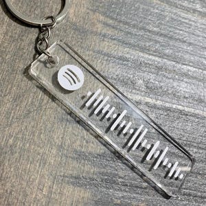 Puede incluir: Un llavero de acrílico transparente con un logotipo de Spotify blanco y un código de barras impreso en él. El llavero está unido a un llavero de metal plateado.