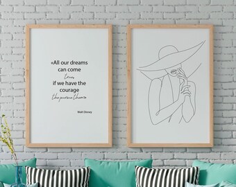 One line art 2 piece PDF woman picture, lady in a hat line drawing |Lady line art | Female minimalist quote printable wall art