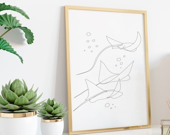 Manta One Line Art, Devilfish Line Drawing, Sea animal modern line art, Minimalist Line Art, fish wall art décor, Modern Minimal Art