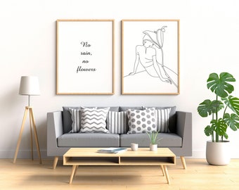 Set of line art drawing, 2 piece wall art woman line art, flower line art poster, woman with lily drawing wall art, printable wall art