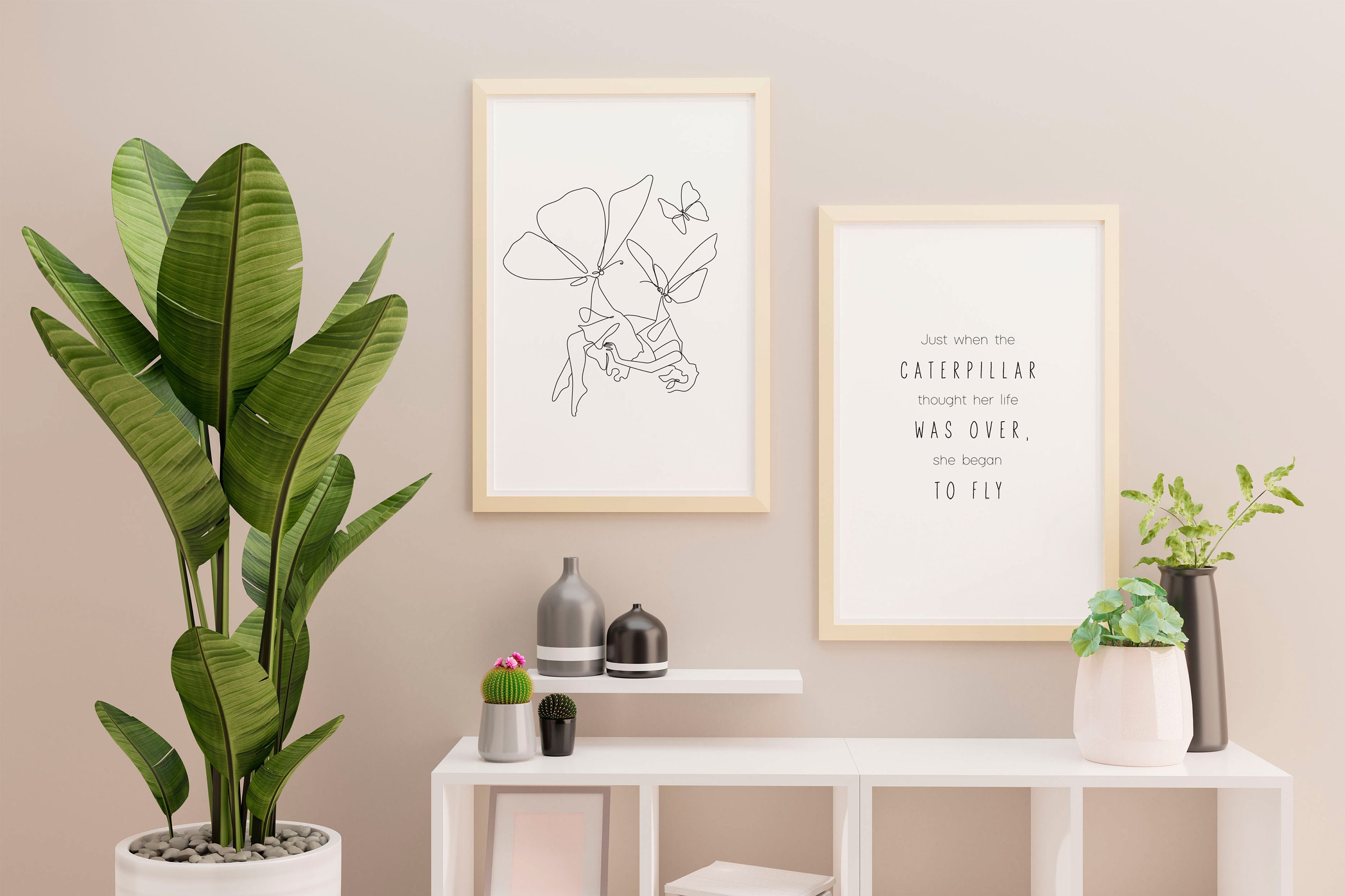 2-teiliges Wandbild Schmetterling und Frau Linienzeichnung