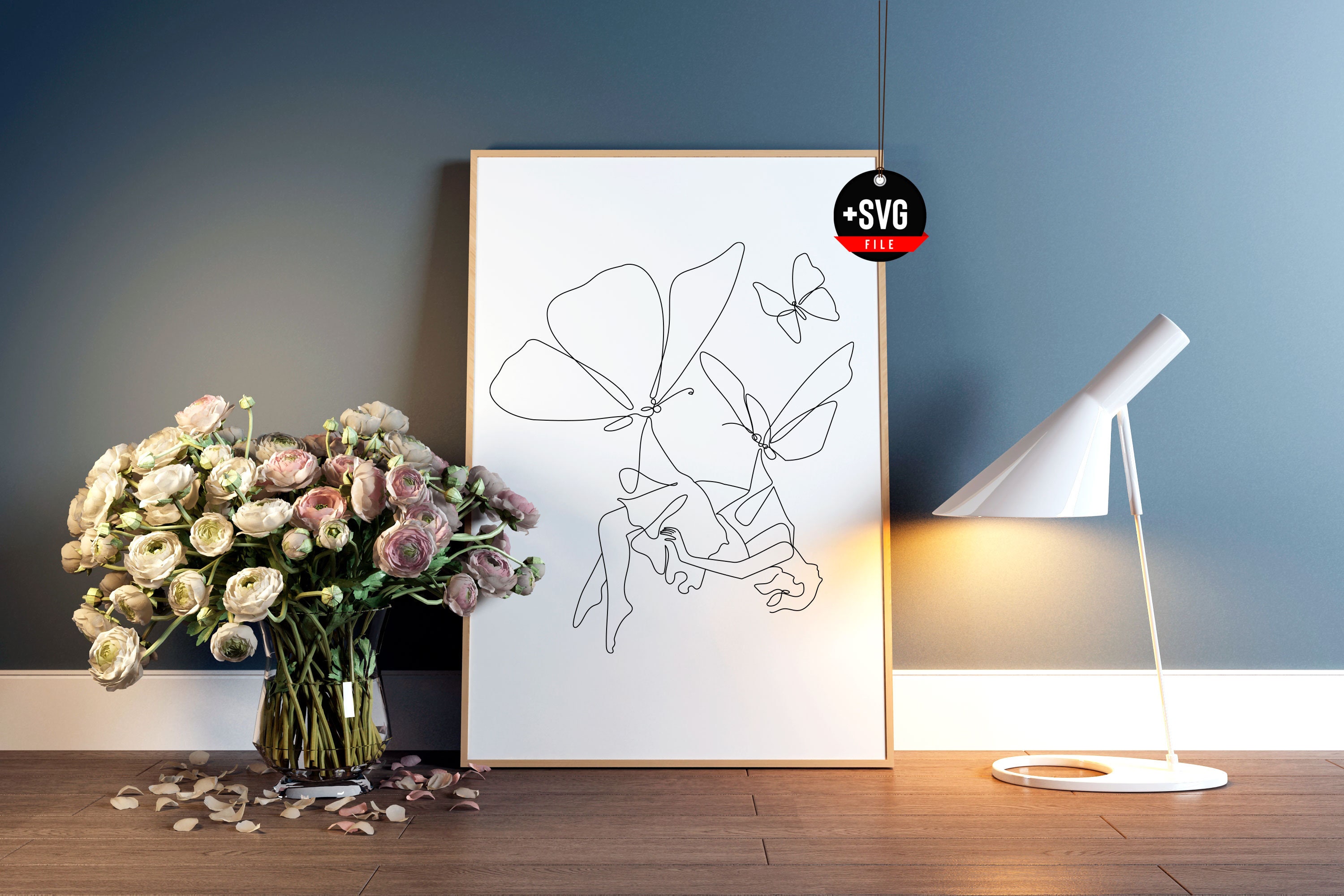 2-teiliges Wandbild Schmetterling und Frau Linienzeichnung