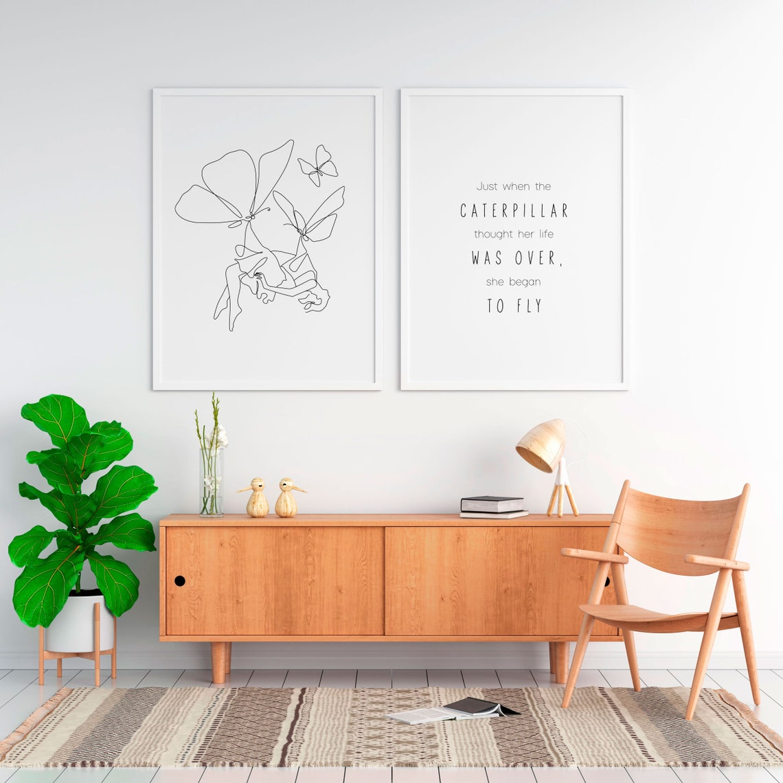 2-teiliges Wandbild Schmetterling und Frau Linienzeichnung