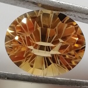 May include: A faceted, oval-shaped gemstone with a warm, golden-yellow hue. The gem's surface is intricately cut, creating a mosaic-like pattern that reflects light. The stone is held by a metal tool, showcasing its brilliance and clarity.