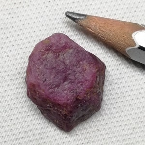 Op de afbeelding: Een diep roze, ruw geslepen robijn edelsteen. De robijn is ongeveer zo groot als een gum.