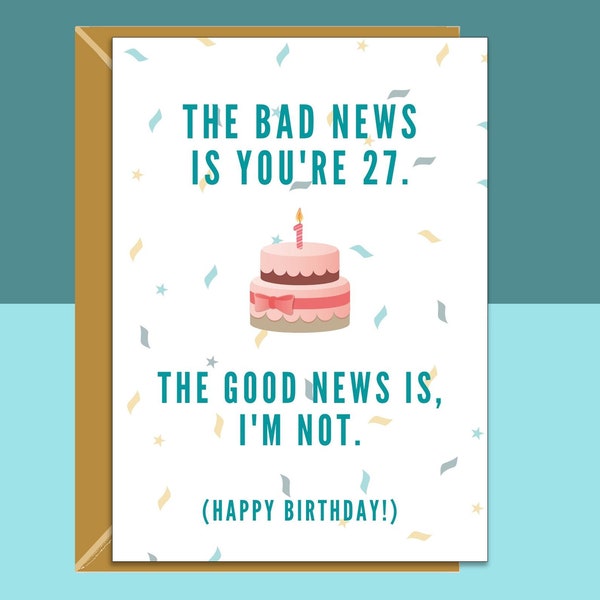 Funny 27th Birthday Card For Him or For Her on turning 27 years old - Ideal for friend, colleague, sibling - Can be personalised