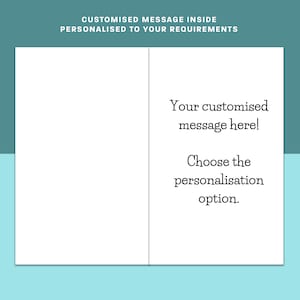 May include: A blank greeting card with a white background and a light blue border. The card is folded in half and has a message on the inside that says "Your customized message here! Choose the personalization option."