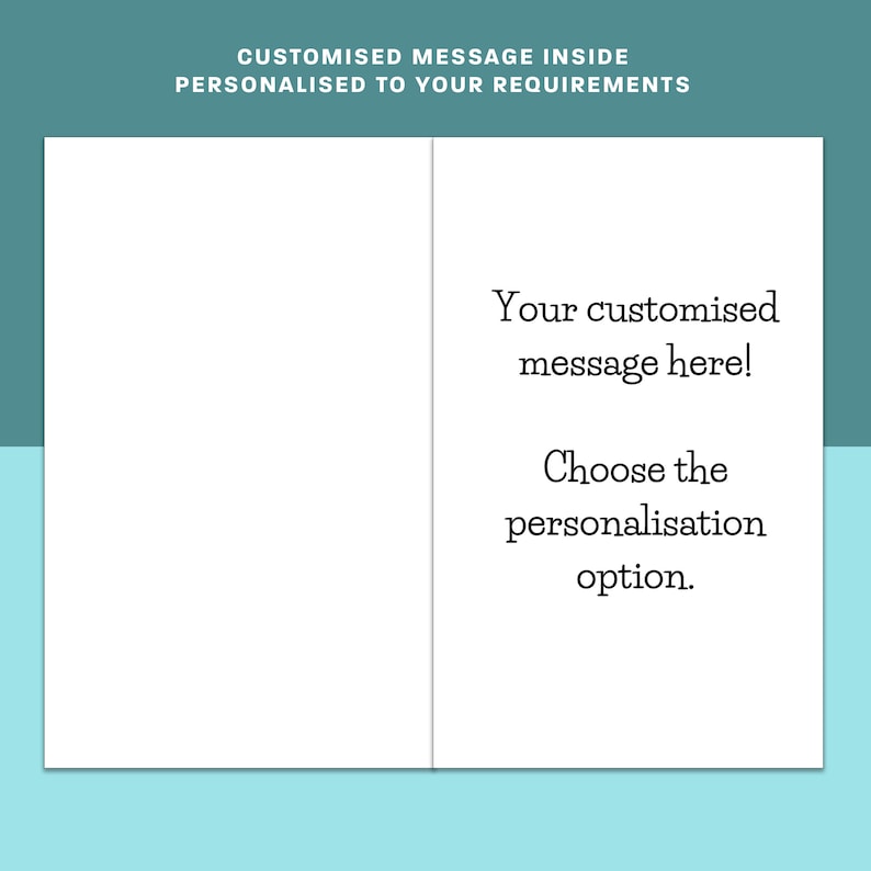 May include: A blank greeting card with a white background and a light blue border. The card is folded in half and has a message on the inside that says "Your customized message here! Choose the personalization option."