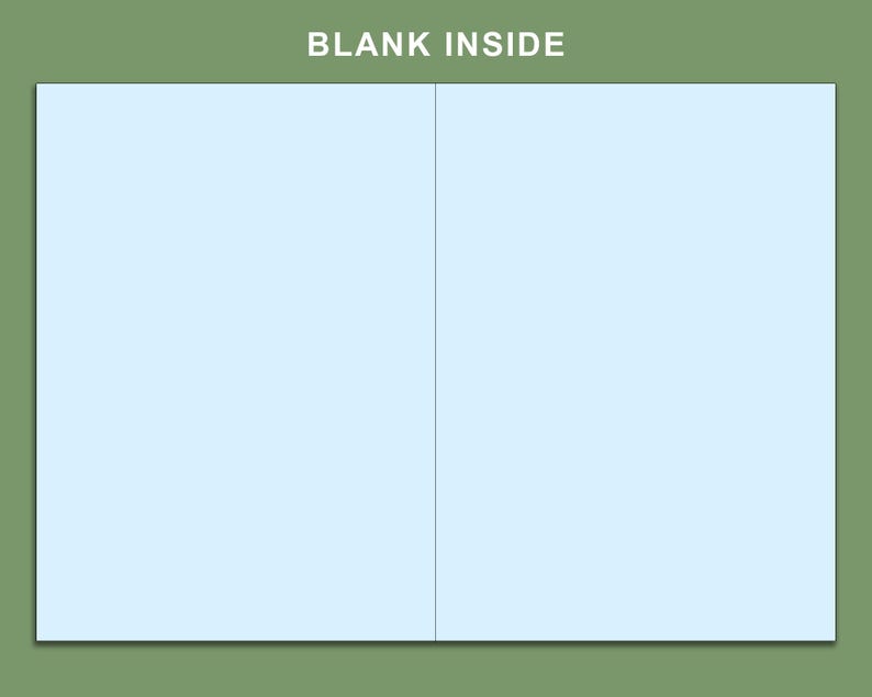 May include: A light blue greeting card with the text "BLANK INSIDE" at the top. The card is open, revealing a blank interior. The card is set against a green background.