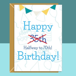 Tarjeta divertida de cumpleaños número 35: para él o para ella. Tarjeta de felicitación atrevida para alguien que cumple 35 años. ¡A mitad de camino de los 70!