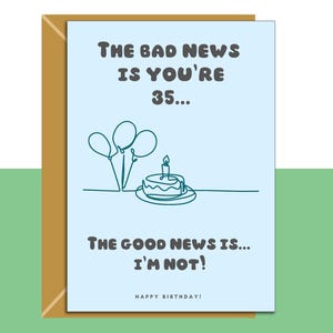 Tarjeta divertida de 35 cumpleaños para él o para ella al cumplir 35 años. Personalizada en el interior o en blanco. Ideal para amigos, hermanos, hermanas, etc.