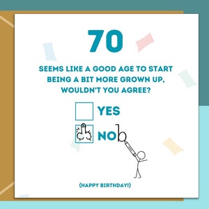 May include: A humorous birthday card with a blue and white design. The card features a checklist with the options "YES" and "NO". The "NO" option is checked off with a stick figure holding a pencil. The text on the card reads "70 SEEMS LIKE A GOOD AGE TO START BEING A BIT MORE GROWN UP, WOULDN'T YOU AGREE? (HAPPY BIRTHDAY!)"