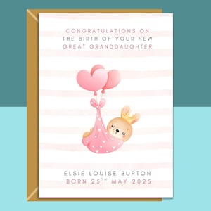 Gefeliciteerd met je nieuwe achterkleindochter-babykaart - gepersonaliseerd - perfect voor de nieuwe overgrootmoeder, overgrootvader, overgrootouders.