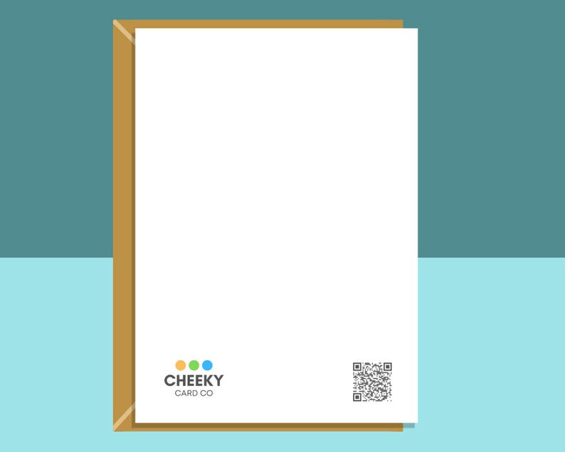 Może przedstawiać: Pusta biała kartka z brązową kopertą. Na kartce znajduje się logo z trzema kolorowymi kropkami i tekstem "CHEEKY CARD CO". W prawym dolnym rogu znajduje się czarno-biały kod QR.