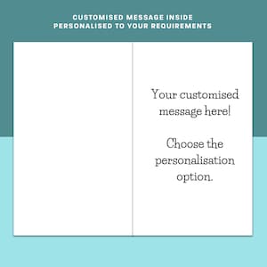 May include: A white card with a blank space on the left side and text on the right side. The text reads "Your customized message here! Choose the personalization option."