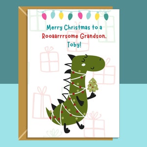 Carte de Noël personnalisée Grandson Dinosaur - Carte personnalisable pour petit-fils - Noël
