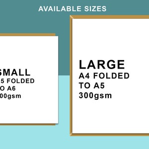 May include: Two cards with gold borders and white backgrounds. The card on the left says "SMALL A5 FOLDED TO A6 300gsm". The card on the right says "LARGE A4 FOLDED TO A5 300gsm".