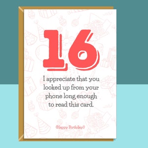 Divertida tarjeta de cumpleaños número 16 - personalizada - para él o para ella - para alguien que cumple 16 años - tarjeta de felicitación - personalizada si es necesario