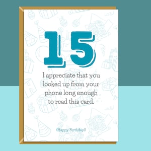 Divertida tarjeta de cumpleaños número 15 - personalizada - para él o para ella - para alguien que cumple 15 años - tarjeta de felicitación - personalizada si es necesario