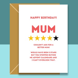 Funny Mum Birthday Card - 4 Stars - Best Mum - Sarcastic - 40th, 50th, 60th and more. For her - Personalised if required.